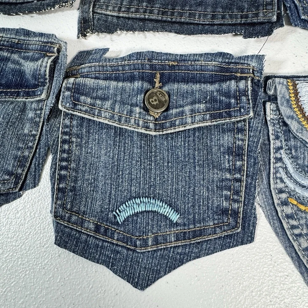 7 Denim Jean Flap Back Pockets Embroidered Quilting Sewing Crafts Upcycle